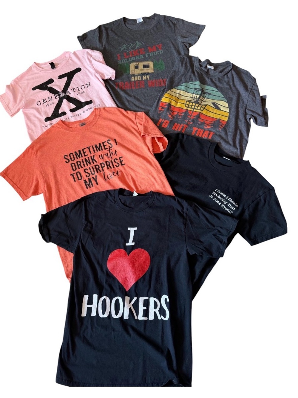 #1-Funny Graphic Tee Bundle 6 pc Camping Fishing Disc Golf Gen X Humor Shirts